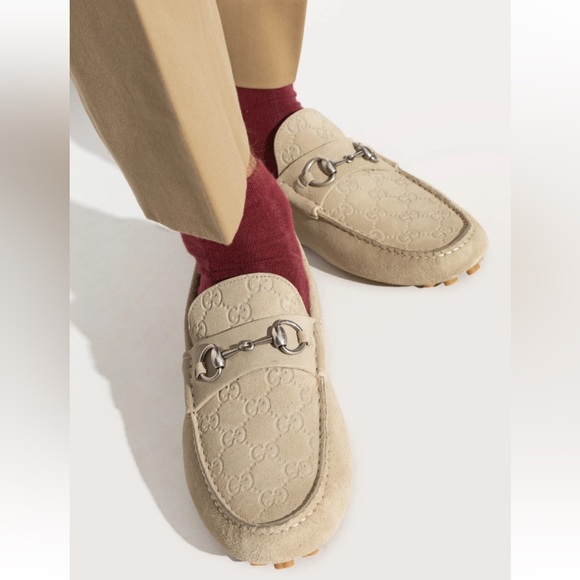 Gucci Oatmeal Beige Suede GG Logo Horsebit Slip On Driver Loafer Flat G 9 US 10 - Picture 3 of 16